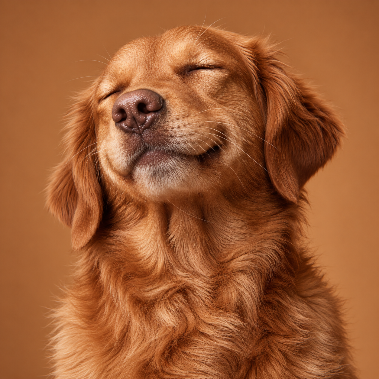 A golden dog with eyes closed, smiling and relaxed